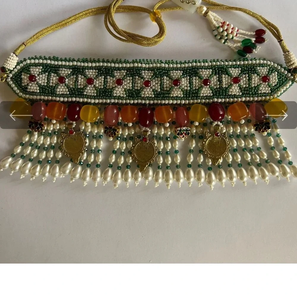 CHOKER  embroidered with pearls with drop pearls,colorful stones & old coins